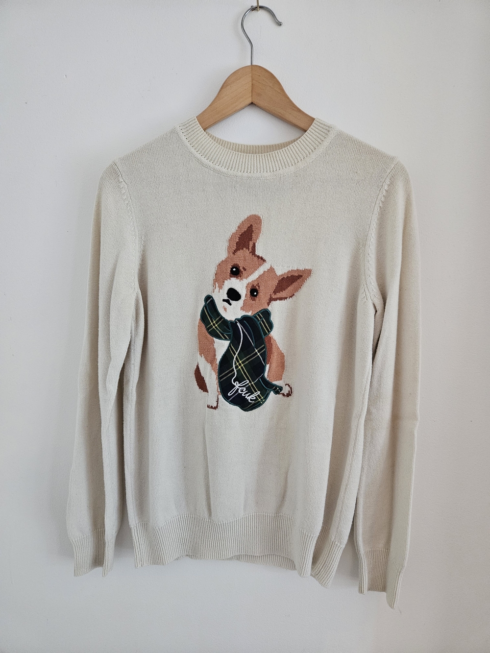 French Connection FCUK Cream Knit Sweater Small Corgi Dog